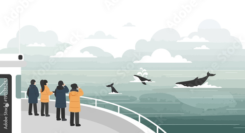 Whale Watching Excursion On A Boat With Tourists Observing Marine Life