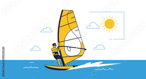 Wind Surfer Riding Waves Under Sunny Sky Nautical Activity