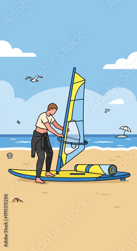 Windsurfer Preparing For Ocean Adventure Beach Scene