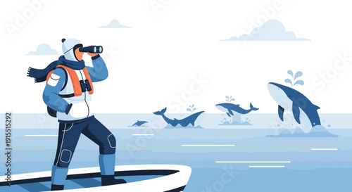 Whale Watching Expedition Observer On Boat Looking Through Binoculars At Marine Life
