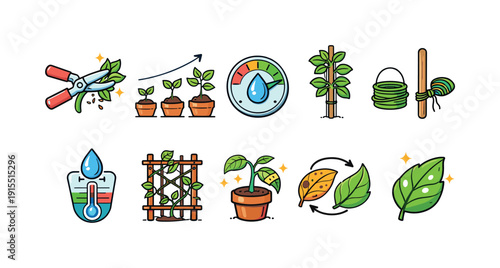 Gardening outline icon set. Plant care, growth tools, green thumb gardening collection.