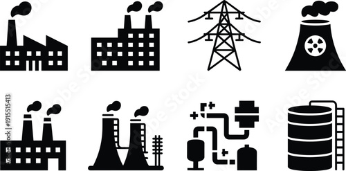Silhouettes of factories, power plants, and energy infrastructure, symbolizing industry, production, electricity, and environmental impact