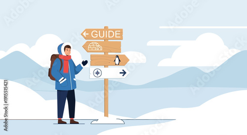 Winter Adventure Guide Signpost With Explorer And Snowy Mountains