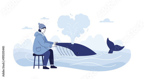 Whimsical Encounter Between Person And Whale In Serene Ocean Landscape