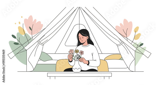 Whimsical Glamping Scene With A Woman Arranging Flowers In A Tent