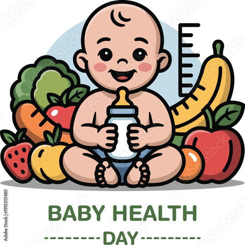 Baby health day a smiling baby with fresh fruits and a bottle