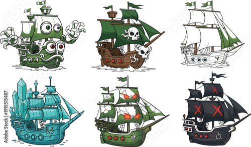Cartoon pirate ships collection with skull sails and fantasy details isolated on white background vector illustration set