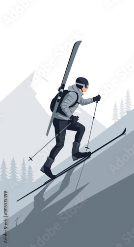 Winter Ascent Athletic Skier Climbing Snowy Mountain Slope