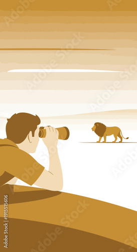 Wildlife Observer Spotting Majestic Lion Through Binoculars In Savannah Setting