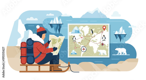 Winter Expedition Explorer Planning Arctic Journey Using World Map and Sledge