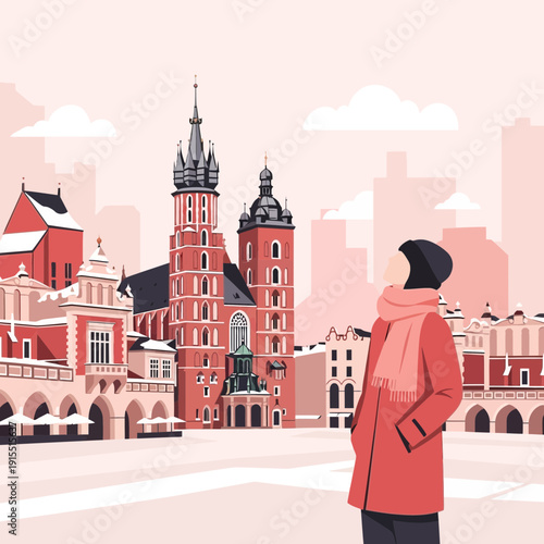 Winter Cityscape With Historic Architecture And Lone Figure Observing