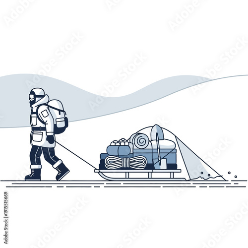Winter Expedition Traveler Pulling Sled With Camping Gear Through Snowy Landscape Adventure