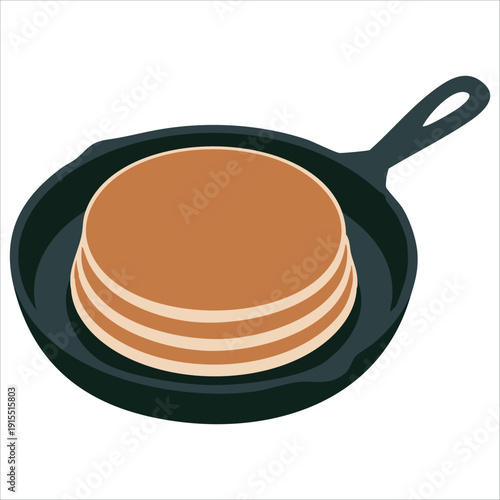 Illustration of Delicious Pancakes Cooking in a Frying Pan on White Background