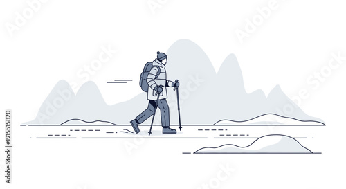 Winter Hiker With Backpack And Poles Ascends Snowy Mountain Landscape
