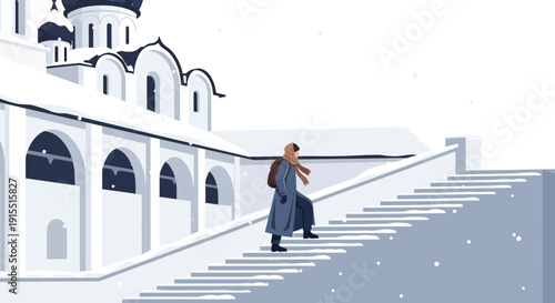 Winter Journey To Ancient Architectural Marvel Ascending Snowy Steps