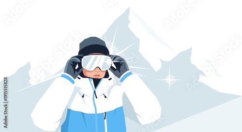 Winter Mountain Climber Adjusting Goggles Ready For Adventure