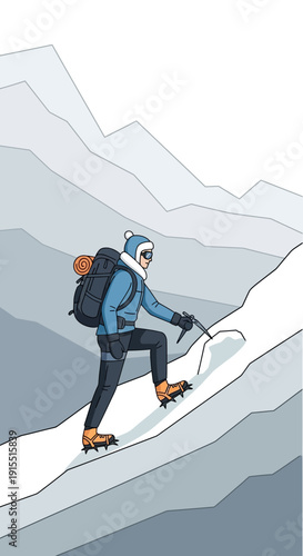 Winter Mountain Trekker Ascending Snowy Slopes With Ice Axe And Crampons