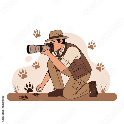 Wildlife Photographer Capturing Animal Tracks In The Wilderness Adventure