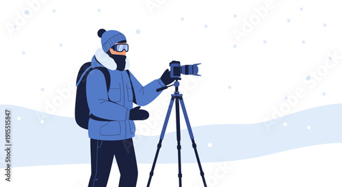 Winter Photographer Captures Snowy Landscape With Professional Camera On Tripod