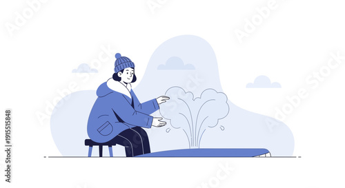 Winter Scene Of A Person Observing A Geyser Eruption