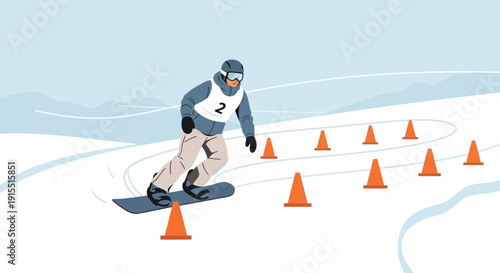Winter Snowboard Competition Athlete Navigating Slalom Course