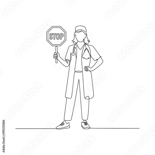 Line drawing of a healthcare worker holding a stop sign representing caution and medical intervention