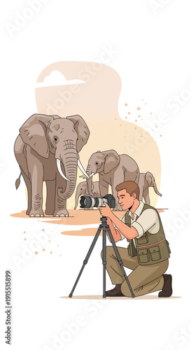 Wildlife Photographer Capturing Majestic Elephants in African Savannah