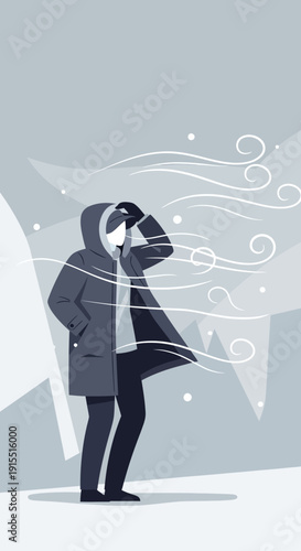 Winter Storm Survivor Facing Strong Winds And Blowing Snow