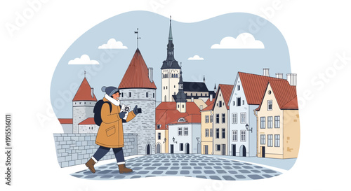 Winter Tourist Exploring Historic European City Streets with Old Architecture