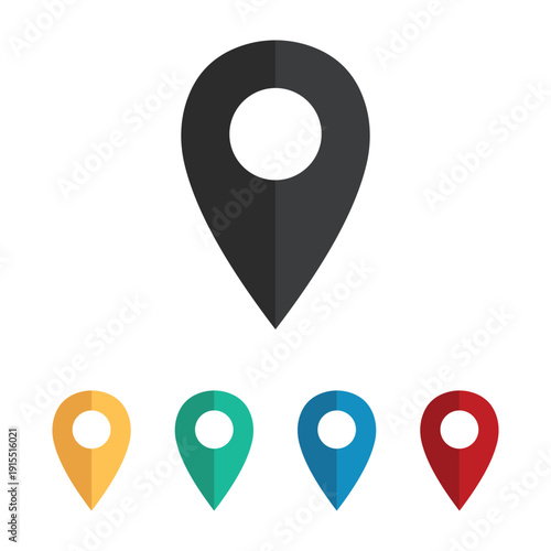 Minimalist flat location pin icon set with various colors for maps navigation and address tracking apps