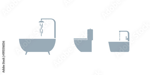 Minimalist gray icon set of bathroom fixtures: clawfoot bathtub with shower, toilet, and sink with running water, isolated on white background, vector-style illustration, clean hygiene concept