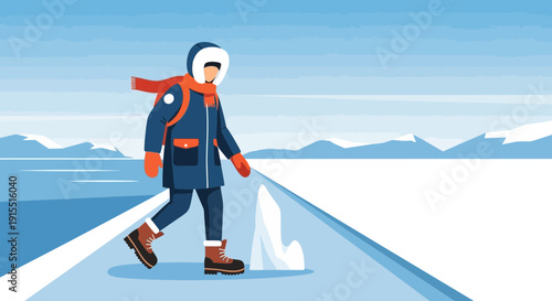 Winter Traveler Adventuring Through a Snowy Arctic Landscape