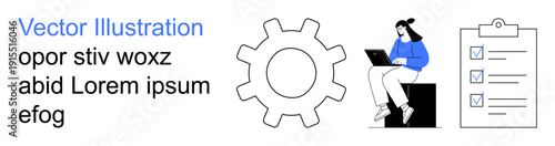 Productivity, workflow management, organization, task tracking, goal setting, professional efficiency. Gear icon, checklist and person using a laptop. Productivity and workflow management concept