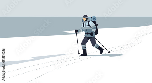 Winter Trekker Exploring Vast Snowy Expanse With Poles