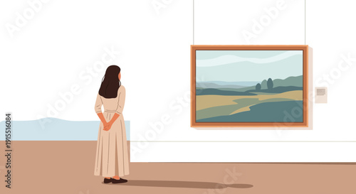 Woman Admiring Abstract Landscape Painting In Art Gallery