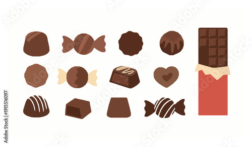 Chocolate candy flat vector set with assorted sweets isolated on white background