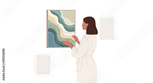 Woman Admiring Abstract Artwork In Minimalist Room Setting