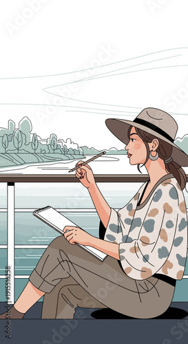 Woman Artist Sketching Outdoors By The Water Landscape Serene Creative Activity