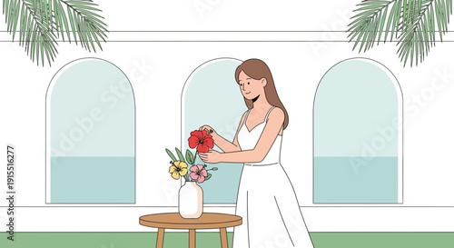 Woman Arranging Tropical Flowers in a Vase by Arched Windows