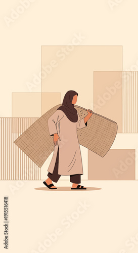Woman Carrying Woven Mat Abstract Background Daily Life