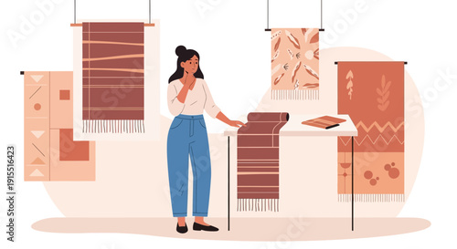 Woman Choosing Decorative Rugs For Home Interior Design Inspiration