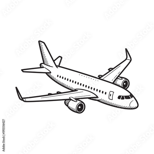 Detailed black and white sketch of a passenger airplane in flight wings extended
