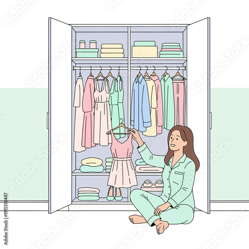 Woman Choosing Outfit From Closet Making Wardrobe Decisions