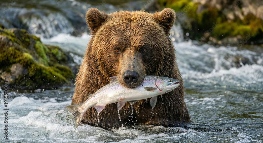 Obraz premium Brown bear holding caught salmon fish in mouth in river water