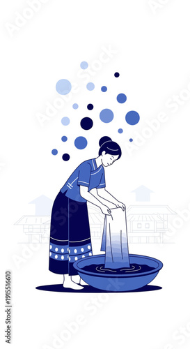 Woman Doing Laundry By Hand In Traditional Clothing Surrounded By Bubbles