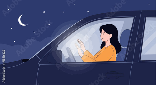 Woman Driving Car At Night Under Crescent Moon And Stars Illustration