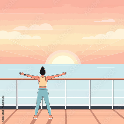 Woman Doing Morning Exercises On A Cruise Ship Deck At Sunrise With Open Arms