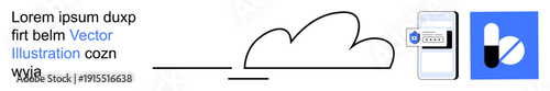 Cloud computing, digital security, app integration, data storage, technology innovation, mobile applications. Minimal design with cloud icon, digital device and authentication process. Cloud