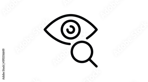 Simple line art icon of an eye with a magnifying glass.