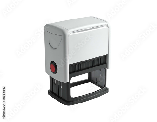 White and black desk stamp with red button
